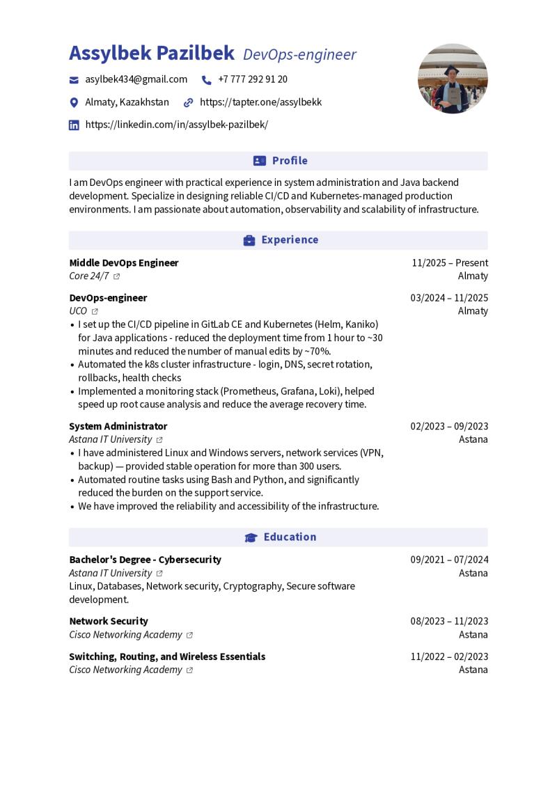Представлено резюме Асылбека Пазилбека, инженера DevOps, с указанием его контактной информации, краткого профиля, опыта работы и образования, включая его опыт в системном администрировании, CI/CD конвейерах и Kubernetes.