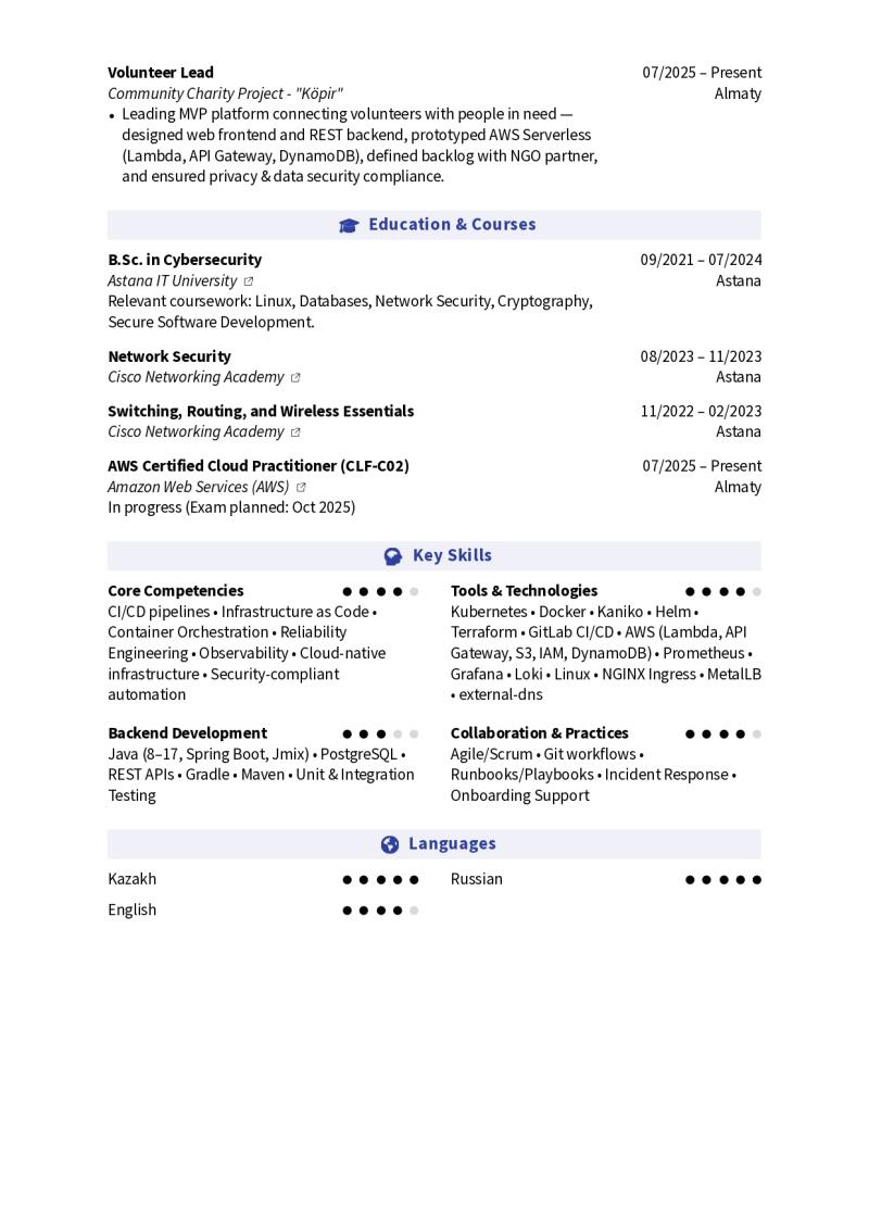 A resume detailing education, skills, and experience, including a B.Sc. in Cybersecurity from Astana IT University, experience as a Volunteer Lead at Community Charity Project - "Köpir", and proficiency in various technologies and languages.