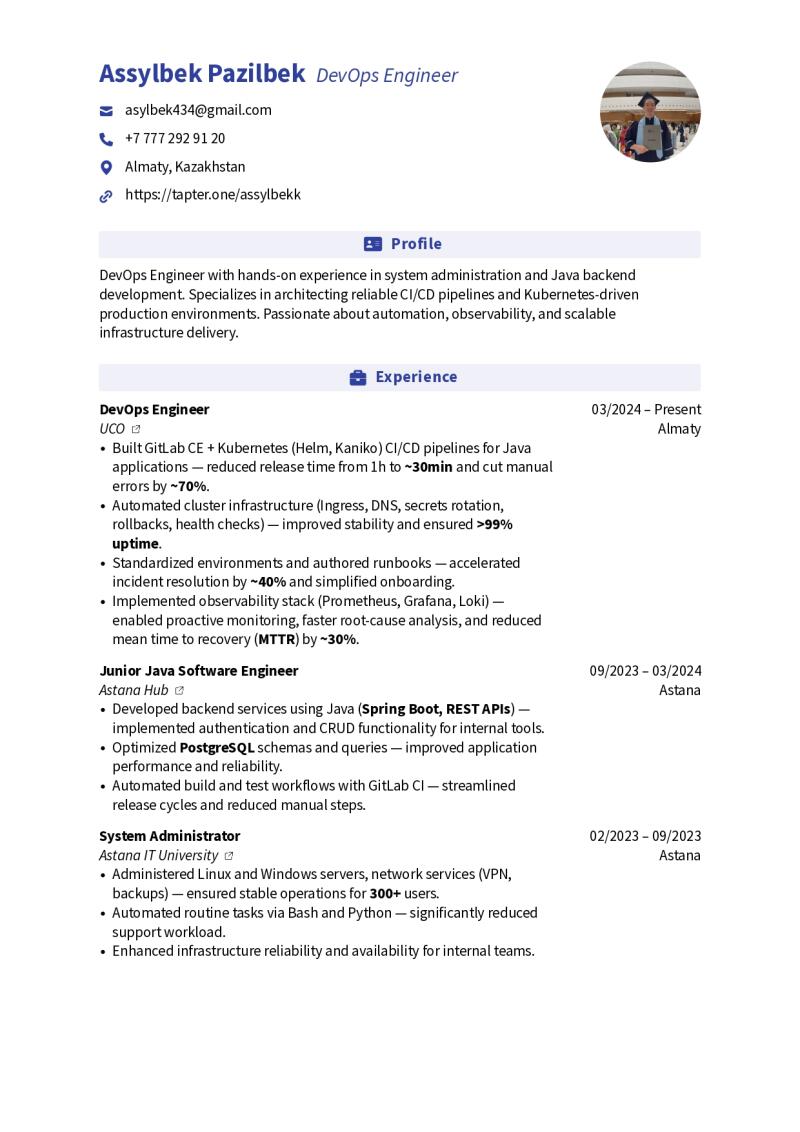 A resume of Assylbek Pazilbek, a DevOps Engineer, including his contact information, a profile summary, and his experience at UCO, Astana Hub, and Astana IT University.