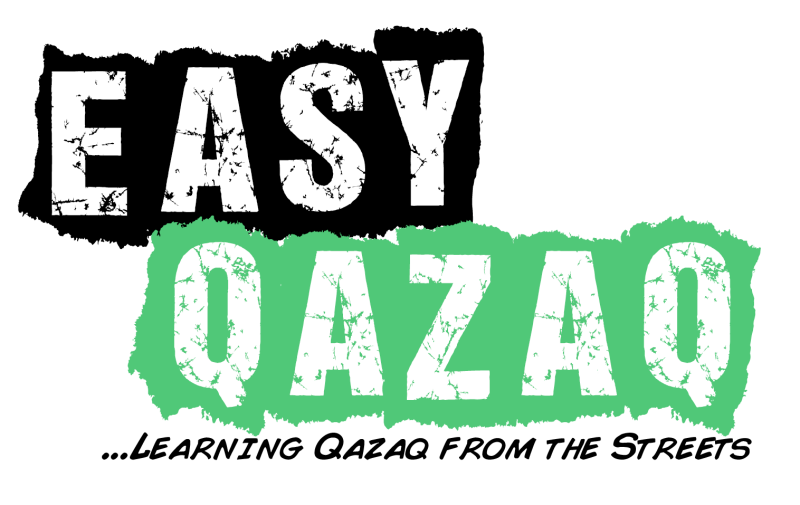 The image displays the text "EASY QAZAQ" in a distressed, stencil-like font, with "EASY" in white and "QAZAQ" in white over a green background, set against a black backdrop.