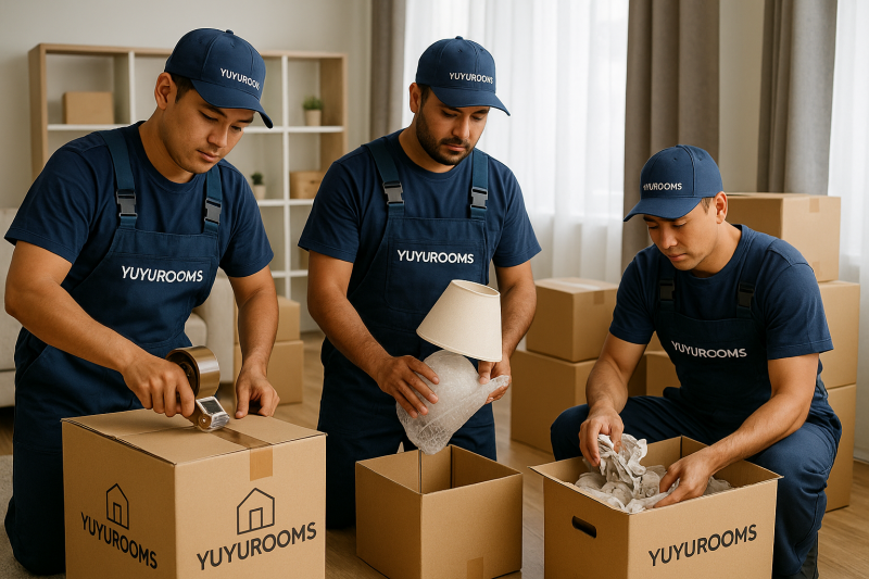 Three men wearing blue uniforms with the word "YUYUROOMS" are packing items into cardboard boxes, one taping a box, another wrapping a lamp, and the third filling a box with packing paper.