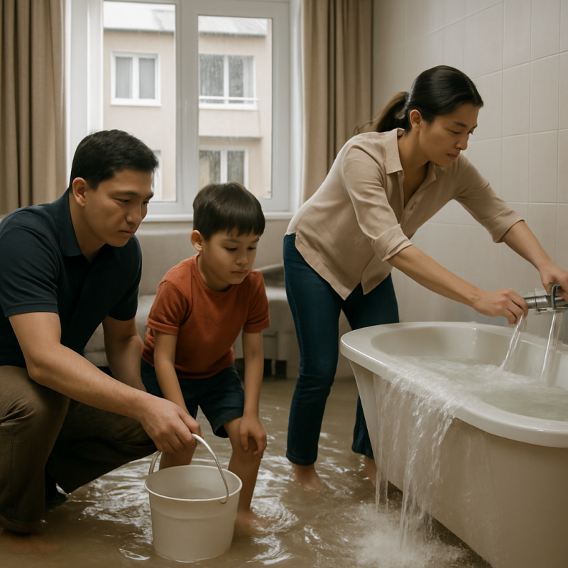 A family is dealing with a flooded bathroom, with water overflowing from the tub onto the floor, as the mother attempts to turn off the faucet and the father and son prepare to collect water with a bucket.