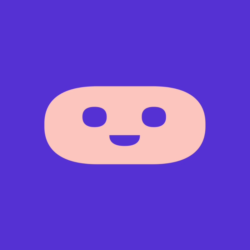 На изображении светло-розовый, закругленный прямоугольник с двумя круглыми глазами и изогнутой линией, изображающей рот, что напоминает улыбающееся лицо на фиолетовом фоне.