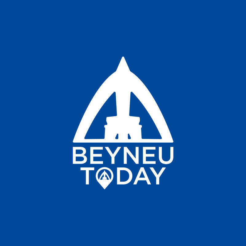 The logo features a white abstract structure resembling a building or monument, with the text "BEYNEU TODAY" below, set against a blue background.