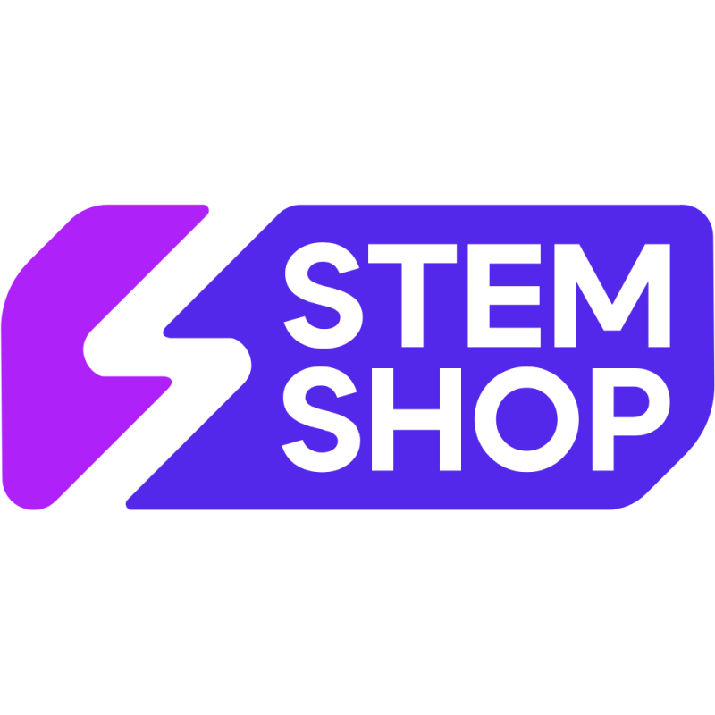 The image is the logo for STEM SHOP, with a stylized letter 'S' in purple and the words 'STEM SHOP' in white on a blue rounded rectangle.