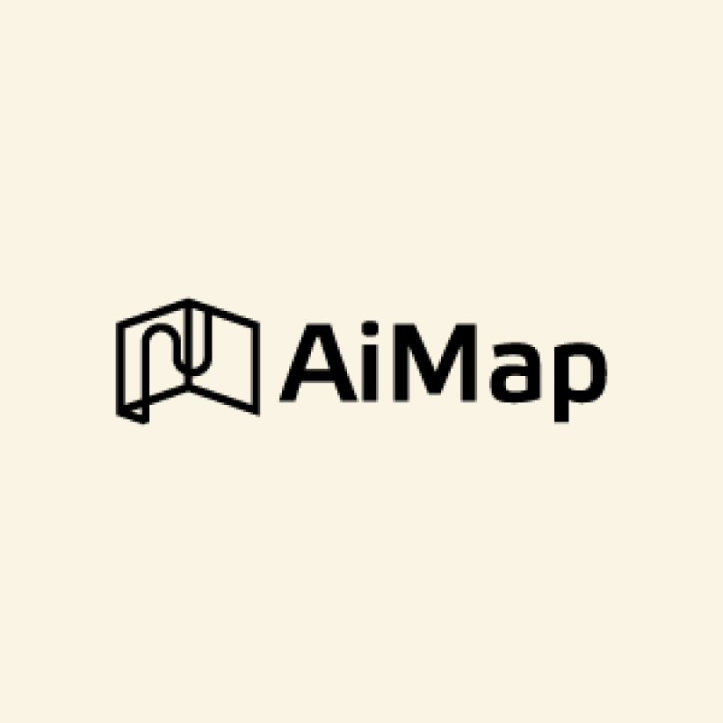 The image features a logo with a stylized, open book icon to the left of the text "AiMap," all in black against a light beige background.