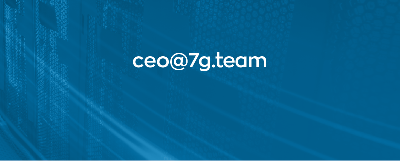 The image features the email address 'ceo@7g.team' in white text against a blue background with abstract patterns.