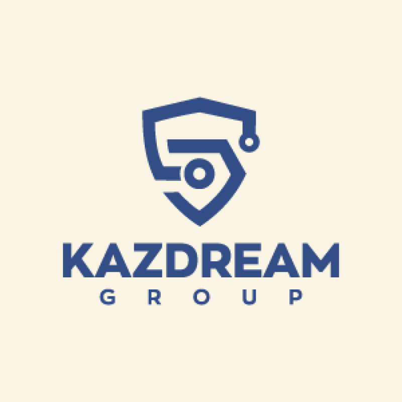 The image features a logo for "KAZDREAM GROUP" in blue on a beige background; the logo includes a stylized shield-like emblem with an integrated number 5 and a small circle.