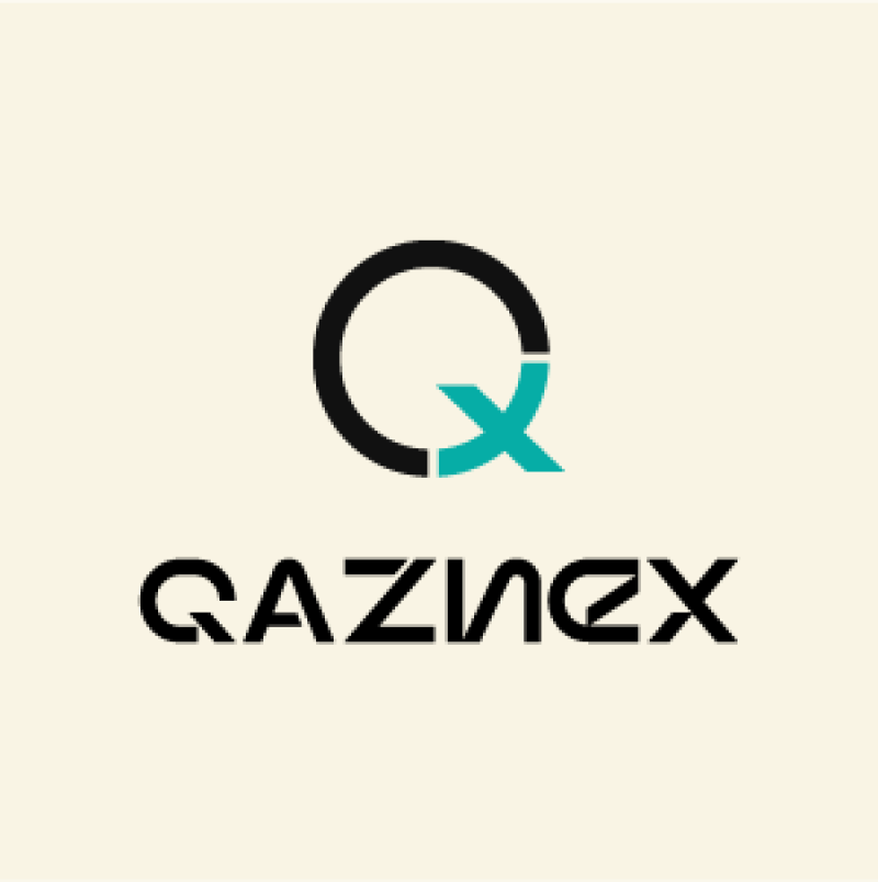 The image features the logo for QAZINEX, with a stylized letter 'Q' formed by a black arc and a teal 'X' inside, above the company name in a modern, sans-serif font.