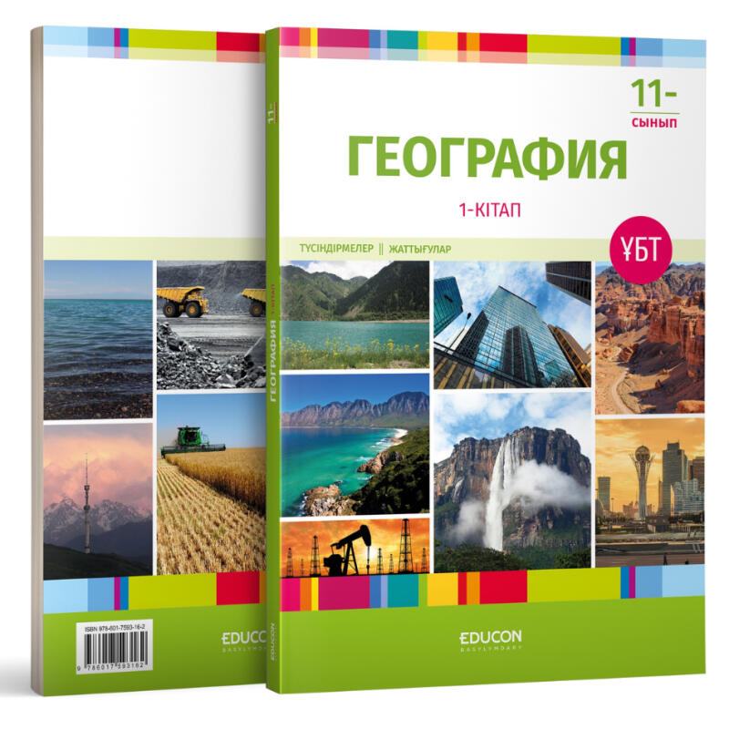 Two copies of a green textbook titled "Geography", for the 11th grade, with images of landscapes, cityscapes, and industrial scenes on the cover.