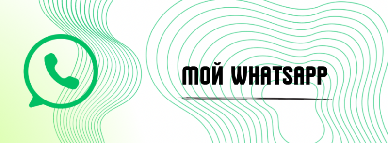 Изображение показывает логотип WhatsApp и текст "МОЙ WHATSAPP" на белом фоне со светло-зелеными волнистыми линиями.