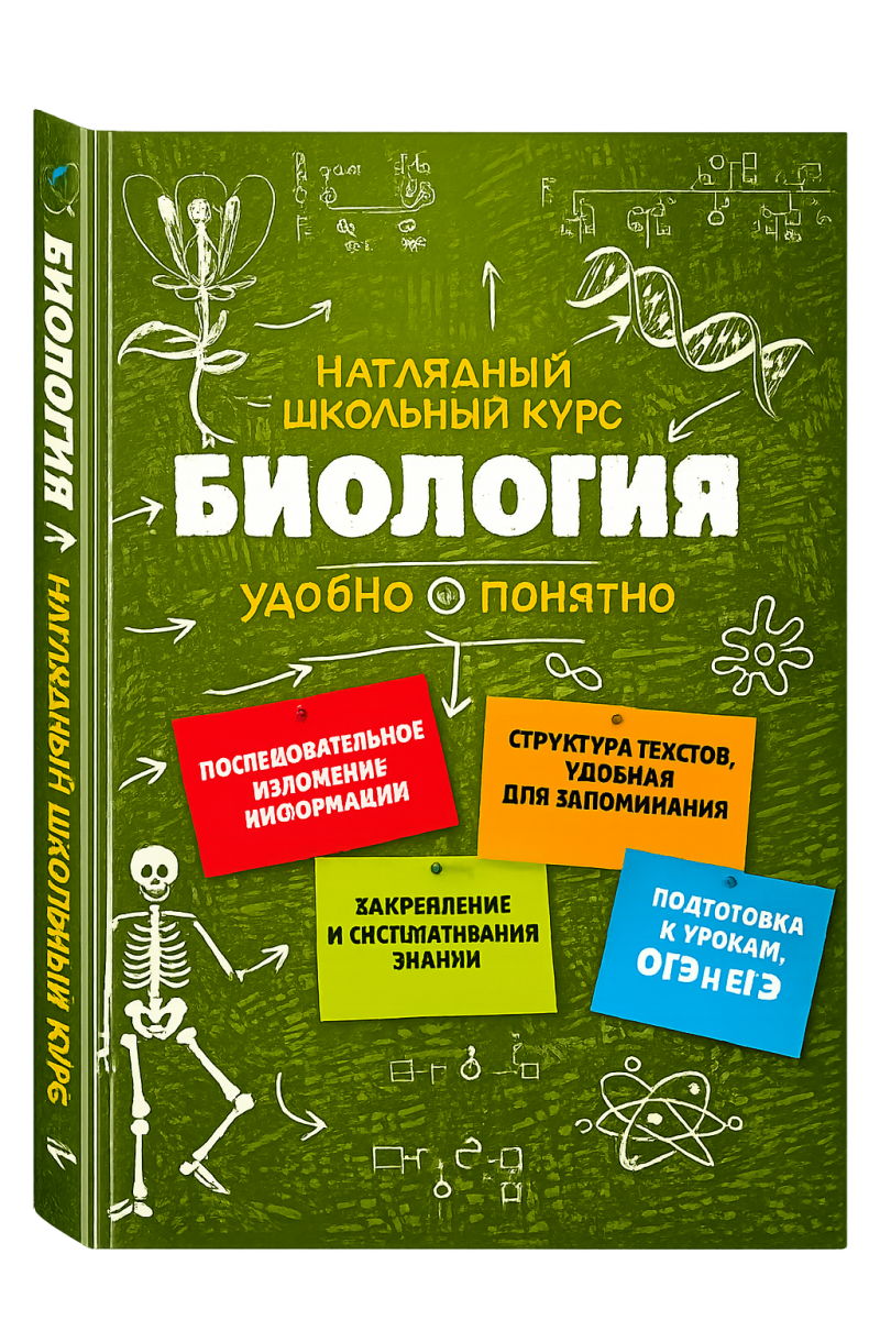 The image shows the cover of a green biology textbook with a chalk board background featuring drawings of a flower, DNA strand, and atoms, with the text "НАТЛЯДНЫЙ ШКОЛЬНЫЙ КУРС БИОЛОГИЯ УДОБНО ПОНЯТНО" and other text on colorful sticky notes.