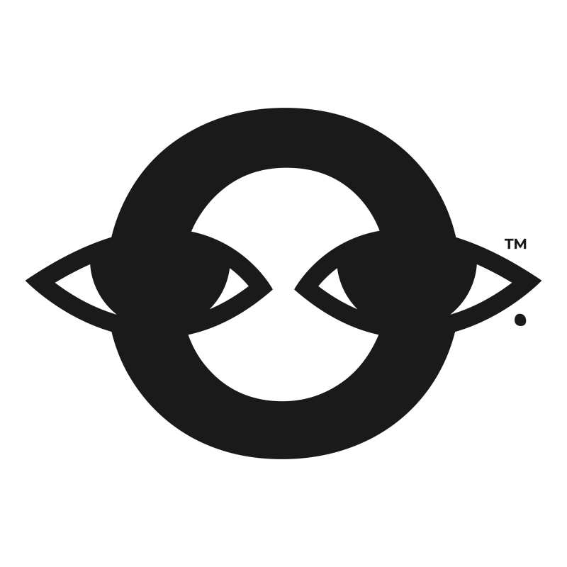 The image shows a black and white logo with two stylized eyes facing each other, connected by a circular shape; a small 'TM' symbol is to the right of one eye.