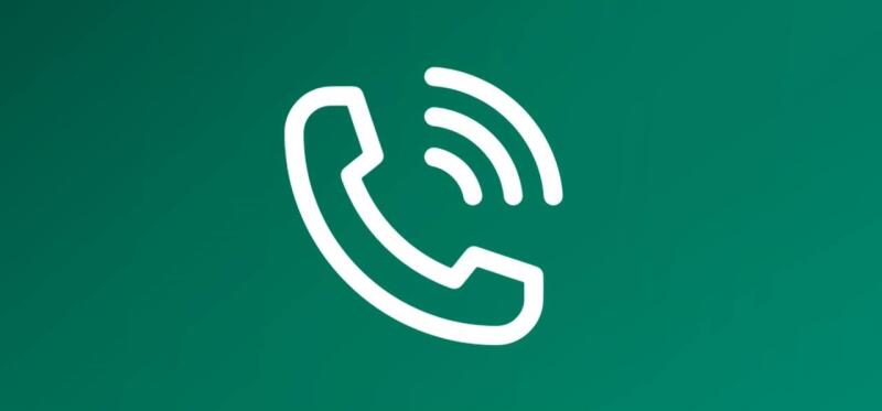 The image features a white telephone handset icon with sound wave symbols against a green background.