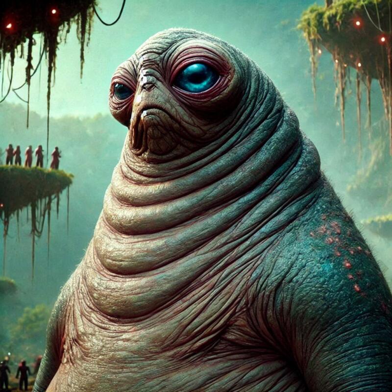 The image shows a large, blue-gray alien with blue eyes and a wrinkled, fleshy appearance, set against a backdrop of green, misty landscapes with small figures on floating platforms.