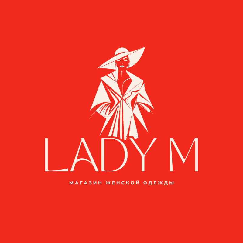 The image features a red background with a white stylized illustration of a woman wearing a hat and coat, along with the text "LADY M" and the Russian text "МАГАЗИН ЖЕНСКОЙ ОДЕЖДЫ", which translates to "Women's Clothing Store".