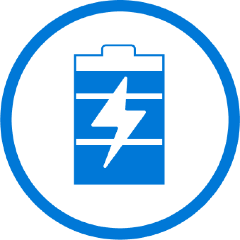 A blue battery icon with a lightning bolt inside is encased in a blue circle against a black background.