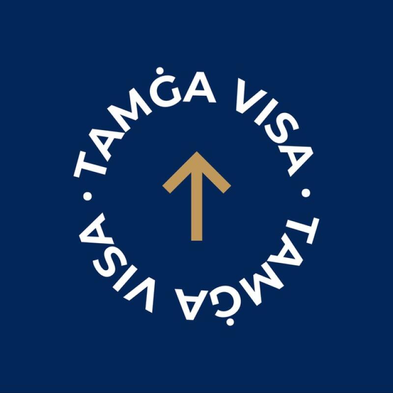 The image features a blue background with a gold upward-pointing arrow in the center, surrounded by the words "TAMĞA VISA" in a circular pattern in white.