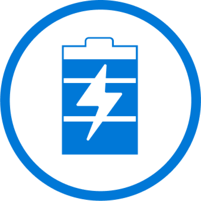 A blue battery icon with a lightning bolt inside, surrounded by a blue circle, on a black background.