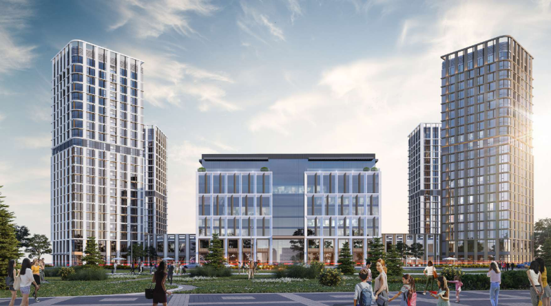 The image shows a modern urban landscape with several high-rise buildings, a park area, and people walking around.