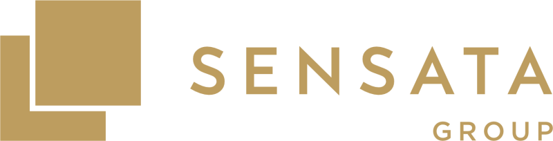 The logo for SENSATA GROUP features two stacked golden squares on the left and the text "SENSATA" above "GROUP" in golden font on a black background.