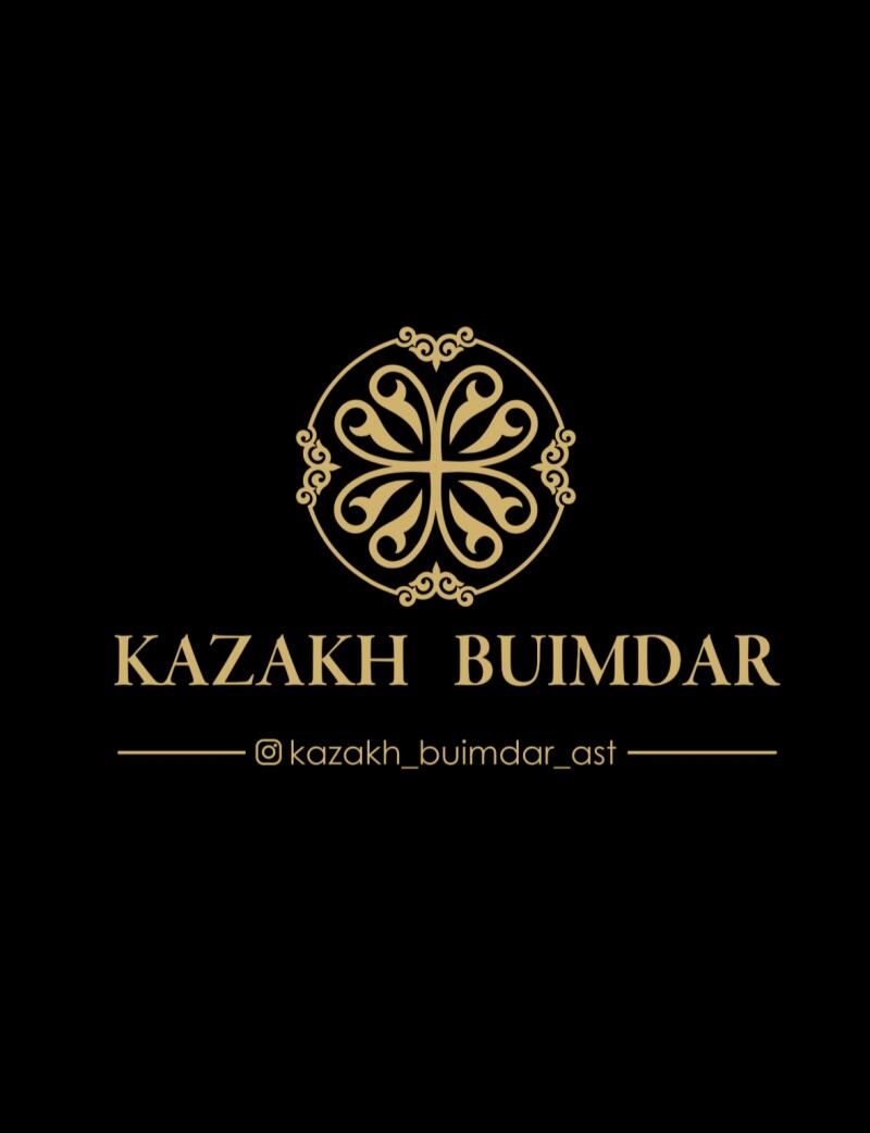 A golden logo on a black background reads "KAZAKH BUIMDAR", with an ornamental circular design above and the Instagram handle @kazakh_buimdar_ast below.