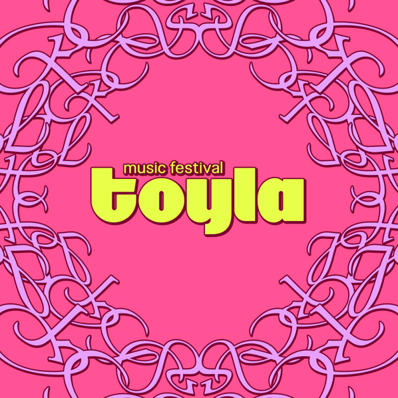 Pink background with intricate lilac scrollwork forming a decorative border. The center features yellow text 'music festival' above larger, bold yellow text 'boyla' with a reddish-brown outline.