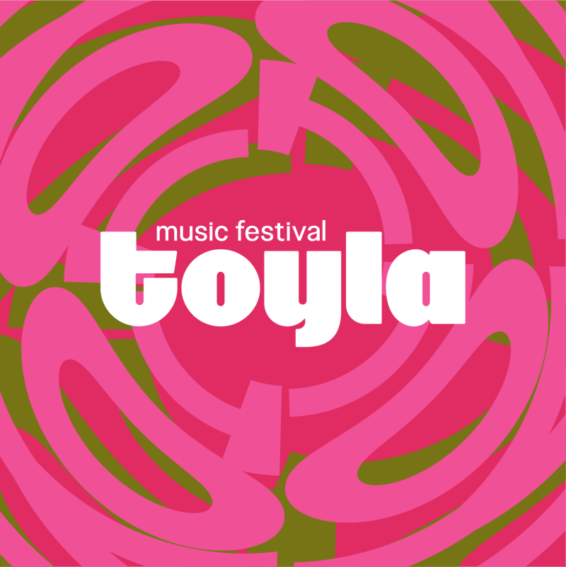 The image features an abstract background with pink and green swirling shapes, overlaid with the white text "music festival" above the larger text "toyla".