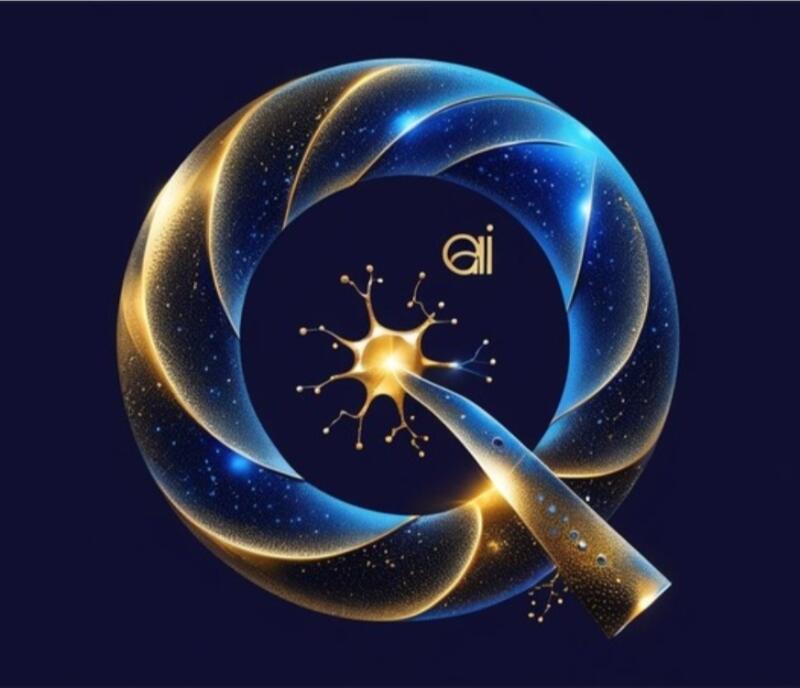 The image features a stylized design of the letter "Q" in shades of blue and gold, encircling a neuron-like structure with the letters "ai" above it, all set against a dark blue background.