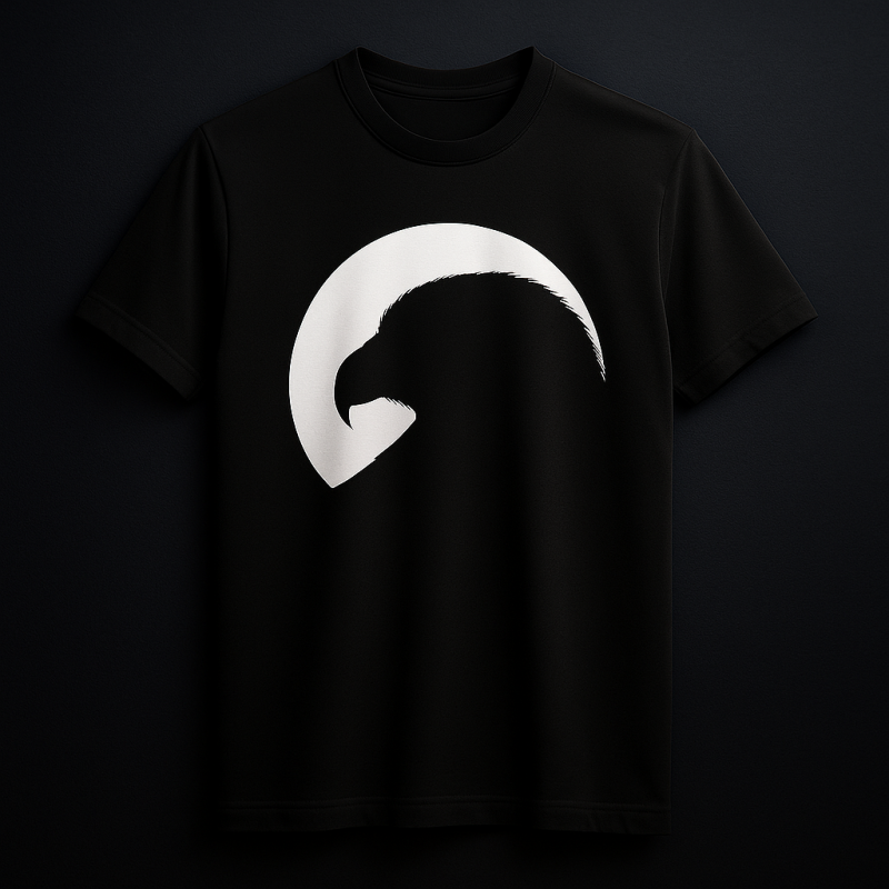 A black T-shirt features a white graphic of an eagle head in profile against a circular background.