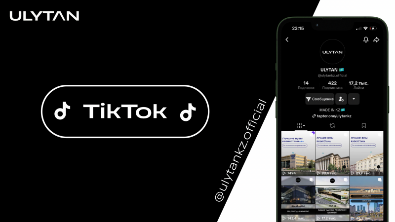 The image is a split screen; the left side features the word "ULYTAN" at the top and a stylized TikTok logo, while the right side displays a smartphone screen showing a TikTok profile page for ULYTAN (@ulytankz.official), including follower counts, posts, and a link. The text "@ulytankz.official" is written vertically on the right side.
