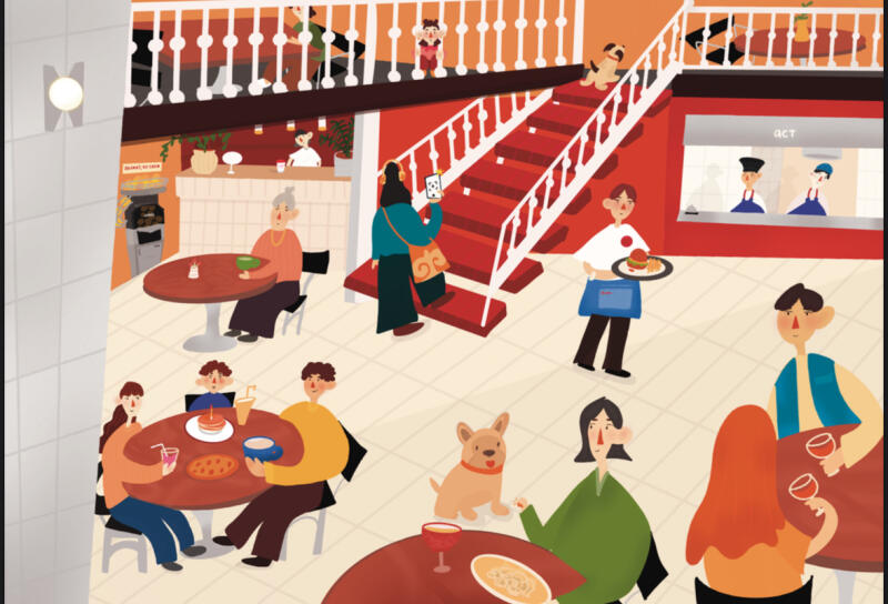 The illustration shows a two-story restaurant with several patrons seated at tables, a server carrying a plate, and a dog sitting on the floor near a table, with the text "ACT" visible above a service window.