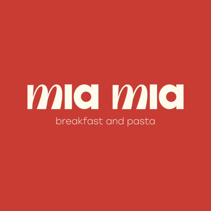 The image features a red background with white text that reads "mia mia breakfast and pasta".