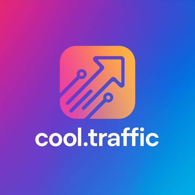 The image shows a logo for "cool.traffic" against a gradient background, featuring an orange square with rounded corners containing a blue arrow pointing upwards and lines with circles, suggesting a digital or directional theme. The text "cool.traffic" is written in white below the square.