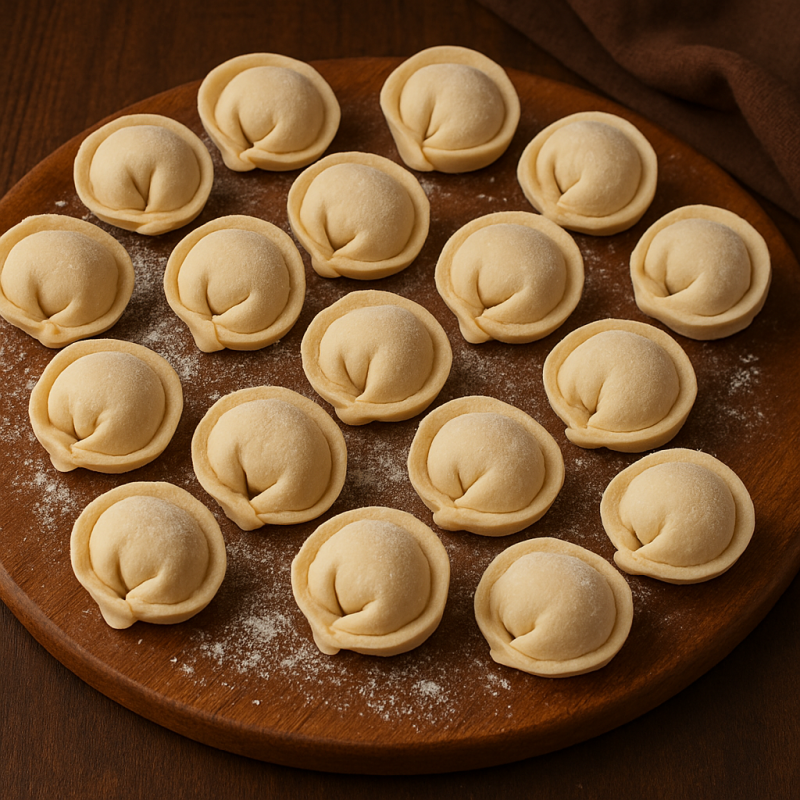 A wooden board holds approximately 16 uncooked dumplings, dusted with flour, set against a dark brown background.