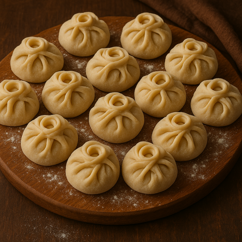 A wooden board holds an arrangement of twelve manti, lightly dusted with flour.