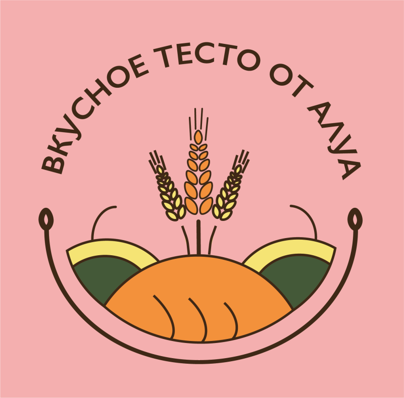 The logo on a pink background features stylized wheat stalks above a rounded shape representing bread, with the text “ВКУСНОЕ ТЕСТО ОТ АЛУА” forming an arc around the image.
