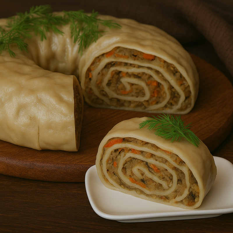 The image shows a traditional dish with a spiral filling, garnished with dill, served on a wooden board and a white plate.