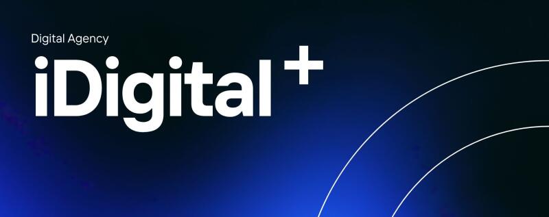The image features the text "Digital Agency iDigital+" in white against a gradient blue background, with partial white circles visible on the right side.