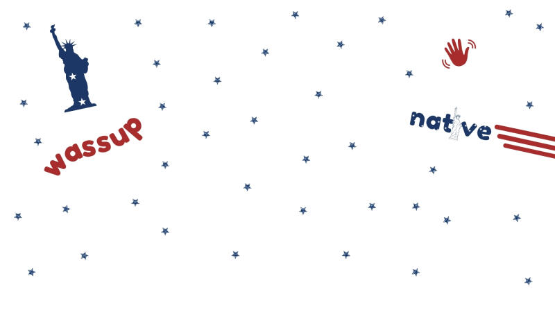 The image features a white background scattered with small blue stars, along with the Statue of Liberty, a waving red hand, and the words "wassup" and "native" in a stylized font.