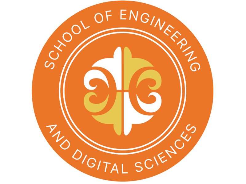 The image is an orange circle with the text "SCHOOL OF ENGINEERING AND DIGITAL SCIENCES" around the edge. The inner circle contains a symmetrical design in white and gold.