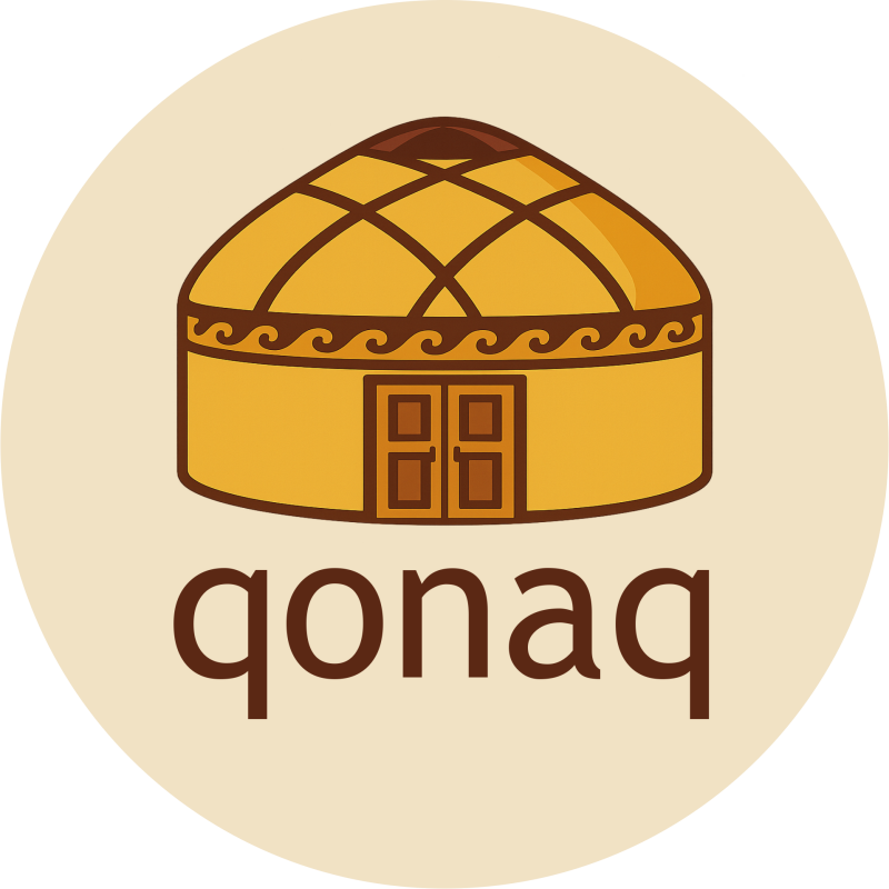 The image features a cartoon-style illustration of a yurt inside a beige circle, with the text "qonaq" written below. The yurt is yellow with brown details and has a double door.