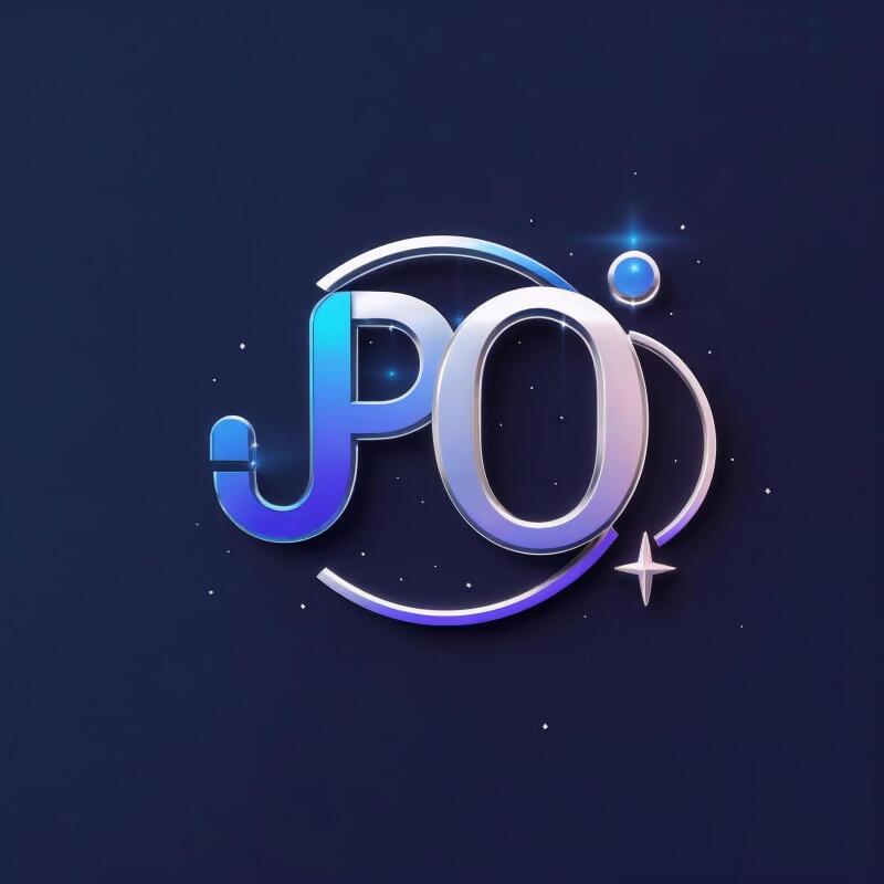 The image shows a 3D logo with the letters 'JO' in a stylized, cosmic design against a dark blue background with scattered stars.