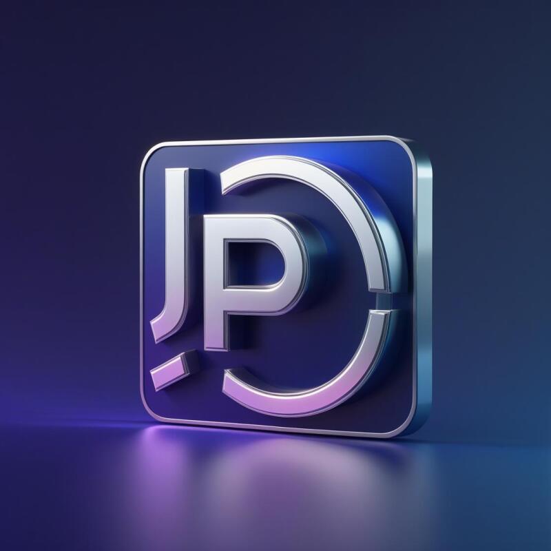 The image features a stylized logo with the letters 'JP' in a modern, silver font, set against a rounded blue square with a silver border, all presented with a glossy, three-dimensional effect.