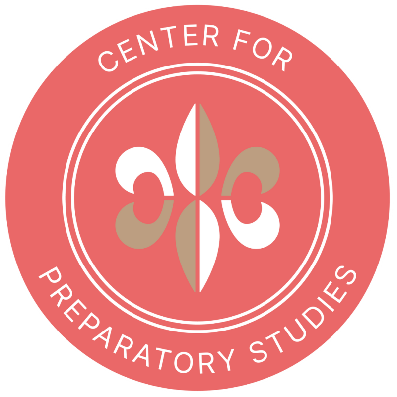 The image is a circular logo with a salmon-colored background, featuring the text "CENTER FOR PREPARATORY STUDIES" in white around the edge. In the center is a white and tan abstract floral design, encased in a double white circle.