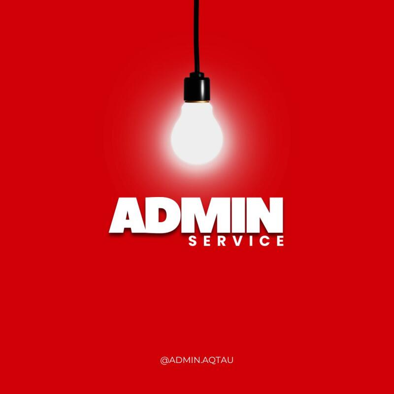 A red background features a hanging lightbulb above the text "ADMIN SERVICE" and "@ADMIN.AQTAU".