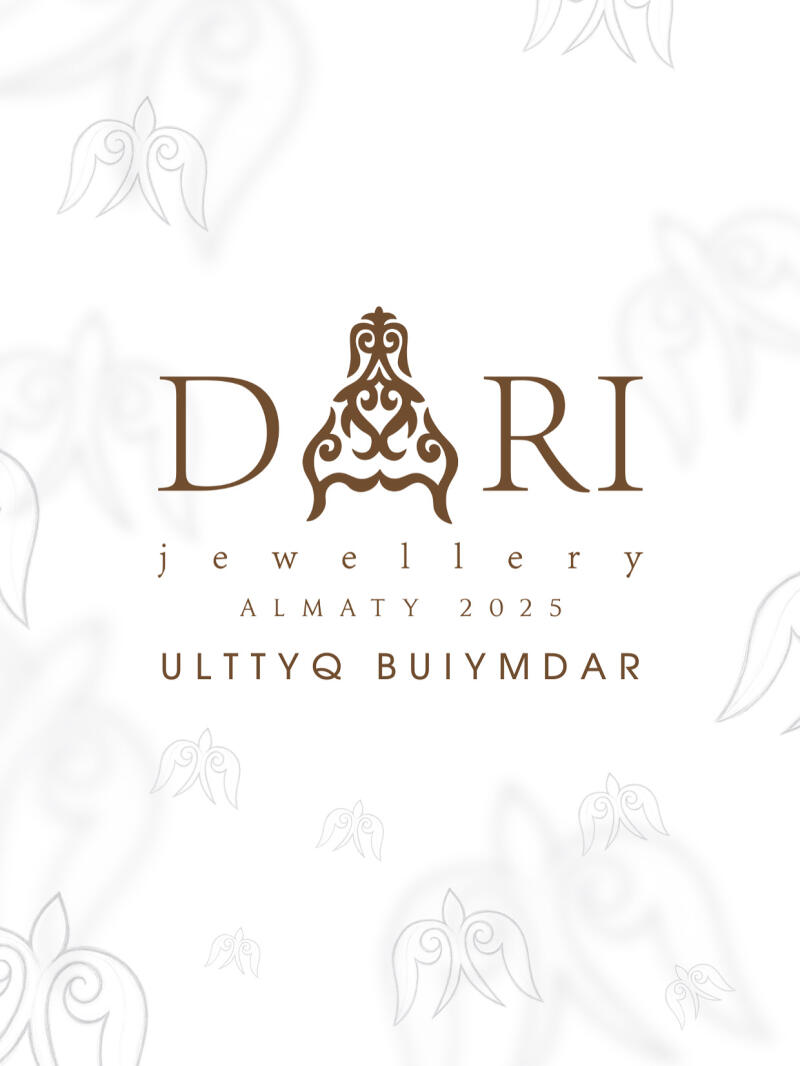 The image features a logo for "DARI jewellery," Almaty 2025, with the text "ULTTYQ BUUYMDAR" beneath, set against a white background adorned with light grey abstract floral patterns.