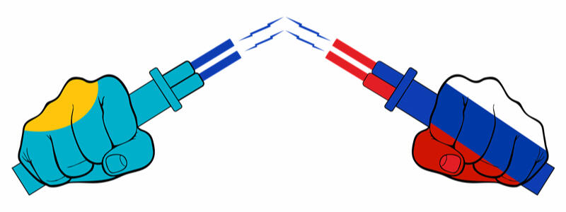 Two fists painted with the colors of the flags of Ukraine and Russia hold cartoonish ray guns pointed at each other.