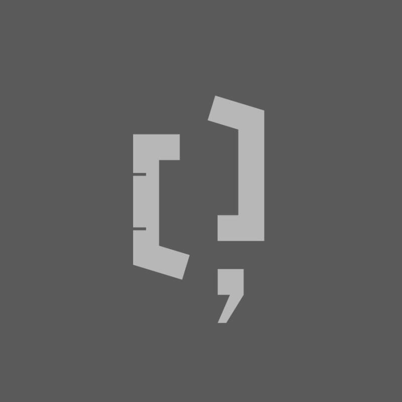 The image features an abstract design in light gray against a dark gray background, consisting of angular shapes resembling incomplete brackets and a comma.