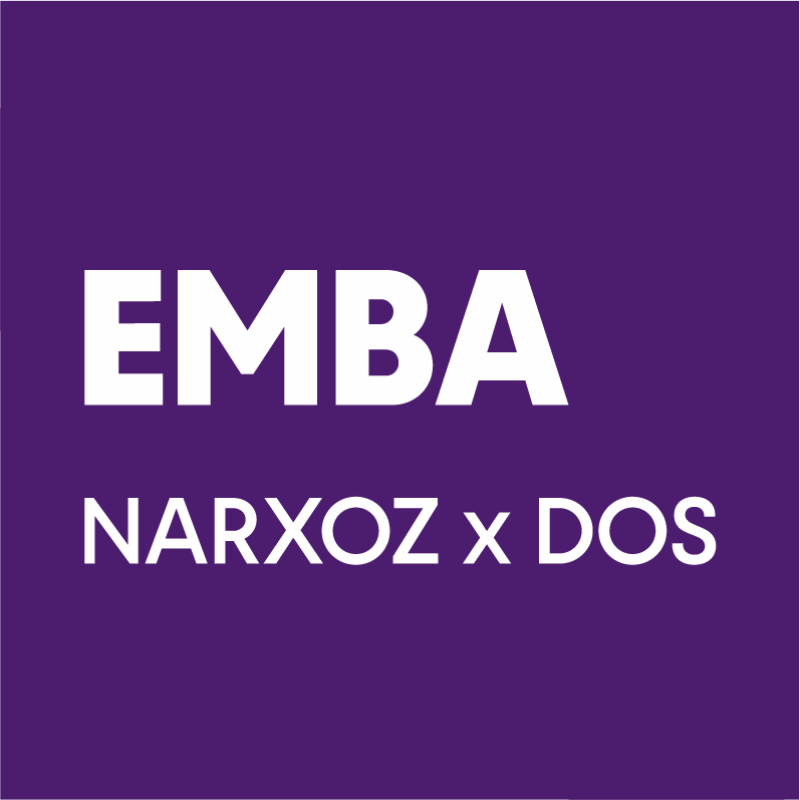 A purple square background with the text "EMBA" in large white letters above the text "NARXOZ x DOS" in smaller white letters.